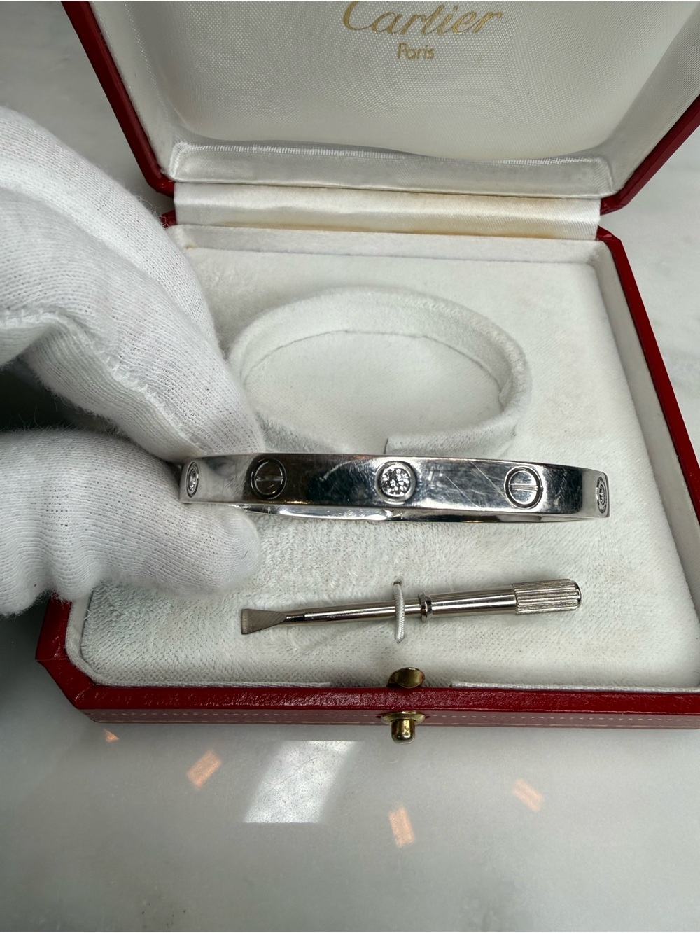 Auth Cartier 18k White Gold 6 Diamond love Bracelet with Red Box Sz 17 - Picture 2 of 14